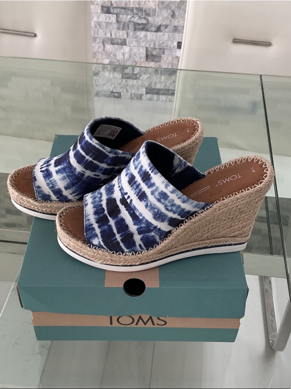 TOMS Navy and White Tie-Dye Espadrille Wedge Sandals